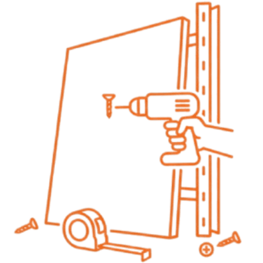 Ícone de serviço de emplacamento de drywall com parafusadeira em estrutura metálica.